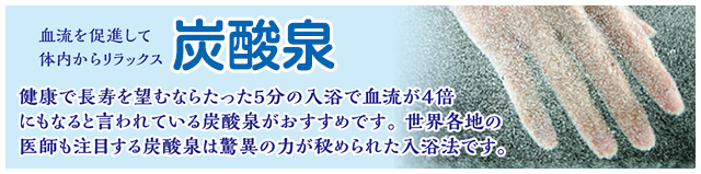 血流を促進して体内からリラックス 炭酸泉／健康で長寿を野も図ならたった5分の入力で血流が4倍になると言われている炭酸泉がおすすめです。世界各地の医師も注目する炭酸泉は驚異の力が秘められた入浴法です。